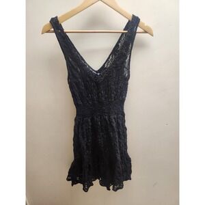 Free People Black Lace Beaded V-Neck Smocked XS Boho Festival Dress